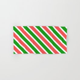 [ Thumbnail: Festive, Fun Christmas-Style Red, White, and Green Colored Pattern of Stripes Hand & Bath Towel ]