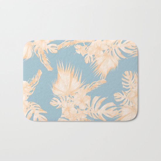 Island Vacation Hibiscus Palm Mango Sky Blue Bath Mat