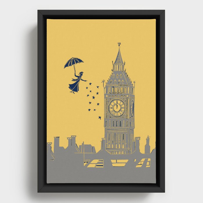 Mary Poppins and Big Ben in Mustard Yellow and Grey Framed Canvas
