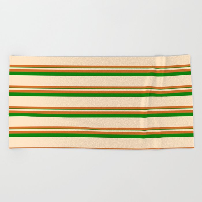 Bisque, Chocolate, and Green Colored Striped Pattern Beach Towel
