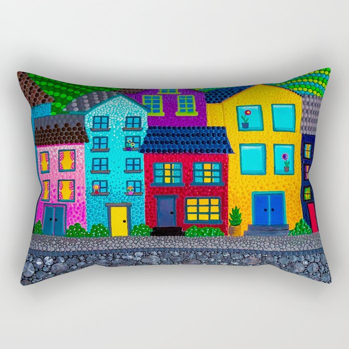 Dot Painting Colorful Village Houses, Hills, and Garden Rectangular Pillow