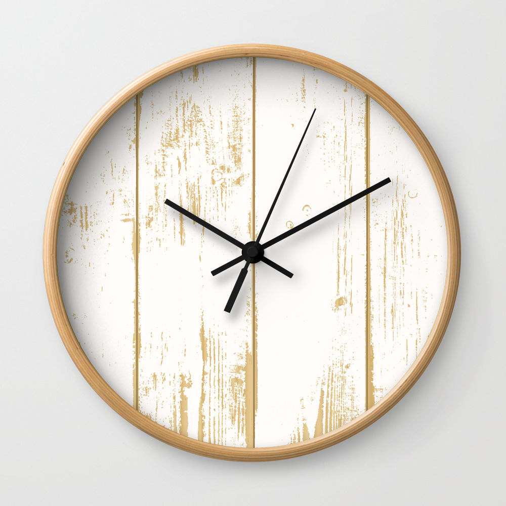 Rustic Wooden Texture White And Gold Antique Wood Wall Clock By