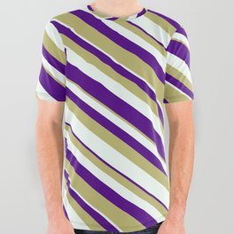 [ Thumbnail: Dark Khaki, Mint Cream, and Indigo Colored Striped/Lined Pattern All Over Graphic Tee ]