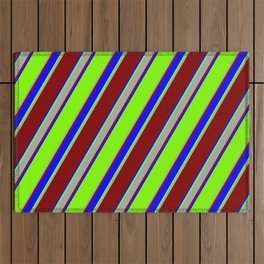 [ Thumbnail: Chartreuse, Dark Gray, Maroon & Blue Colored Lines/Stripes Pattern Outdoor Rug ]
