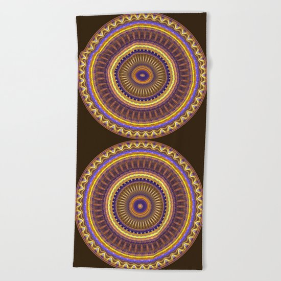 Groovy mandala with waves and tribal patterns in brown, yellow, blue and purple Beach Towel