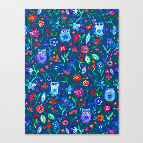 Little Owls and Flowers on deep teal blue Canvas Print