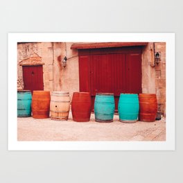 Colorful rain barrels | Blue and Red | France | Sarlat Art Print