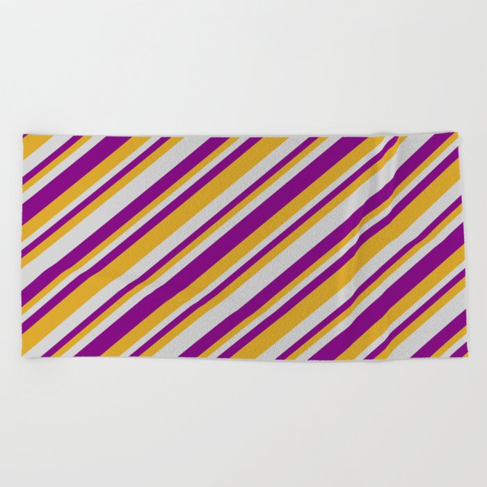 Light Gray, Purple & Goldenrod Colored Lines Pattern Beach Towel