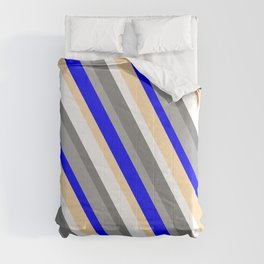 [ Thumbnail: Colorful Dark Grey, Blue, Tan, White & Grey Colored Striped Pattern Comforter ]