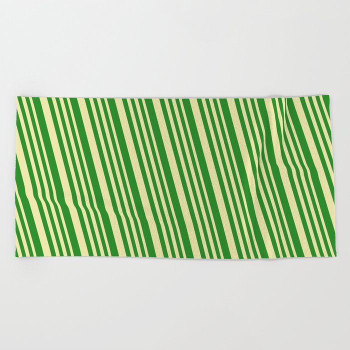 Pale Goldenrod and Forest Green Colored Lined/Striped Pattern Beach Towel