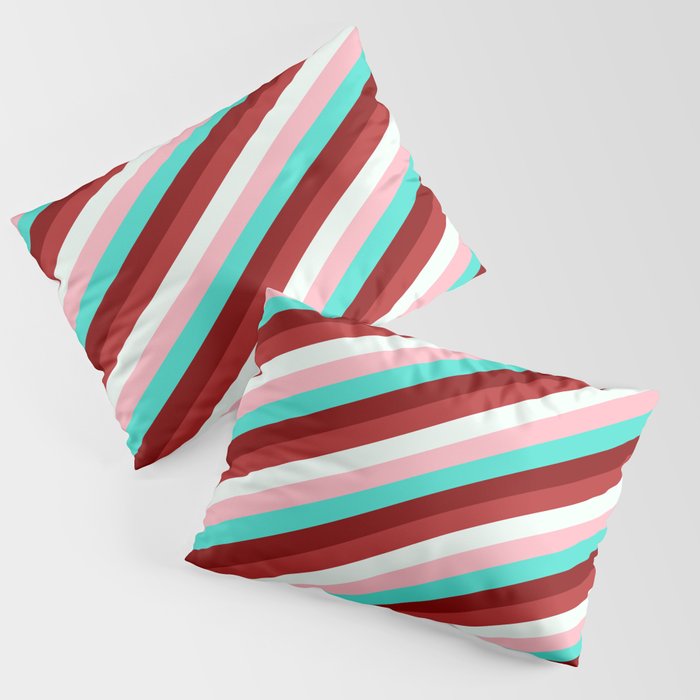 Light Pink, Turquoise, Maroon, Red, and Mint Cream Colored Lined/Striped Pattern Pillow Sham