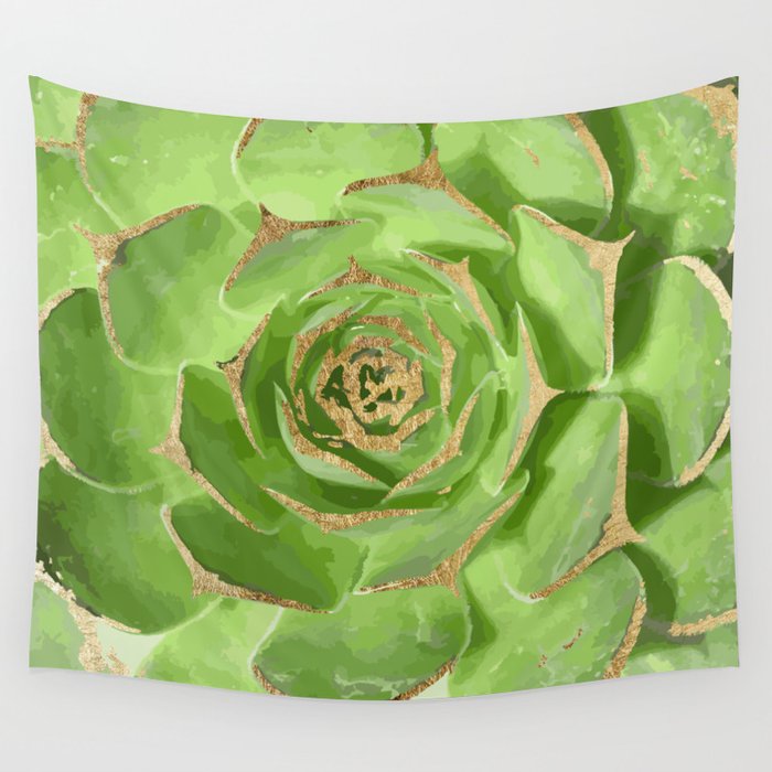Cactus Green Succulent with Faux Gold Tips Wall Tapestry