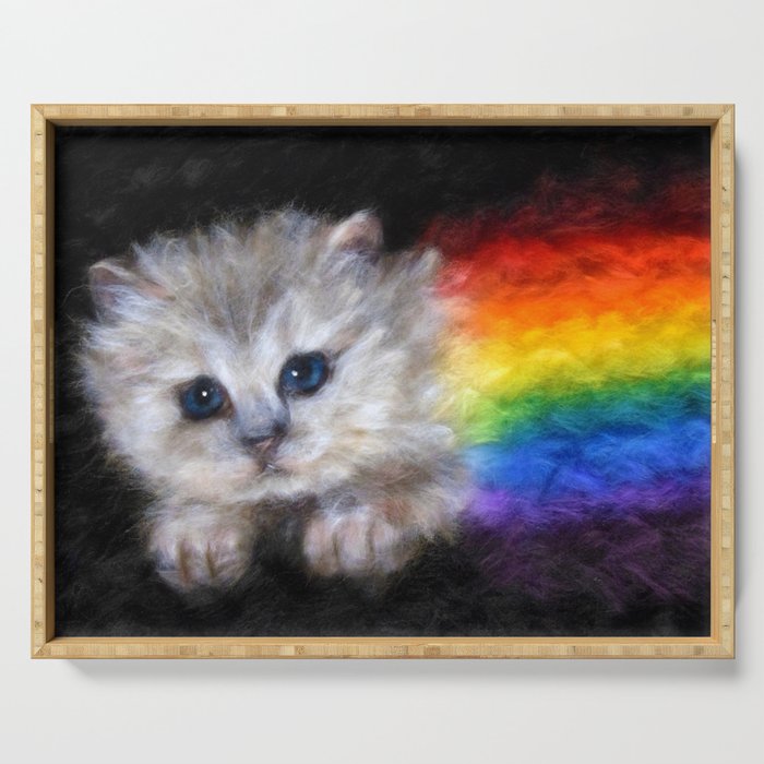 A kitten under rainbow colored blanket print Serving Tray