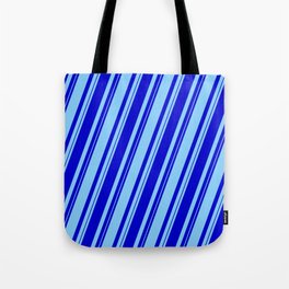 [ Thumbnail: Blue and Light Sky Blue Colored Lined/Striped Pattern Tote Bag ]