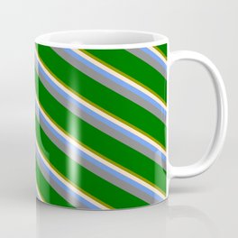 [ Thumbnail: Eyecatching Green, Bisque, Cornflower Blue, Gray, and Dark Green Colored Lined/Striped Pattern Coffee Mug ]
