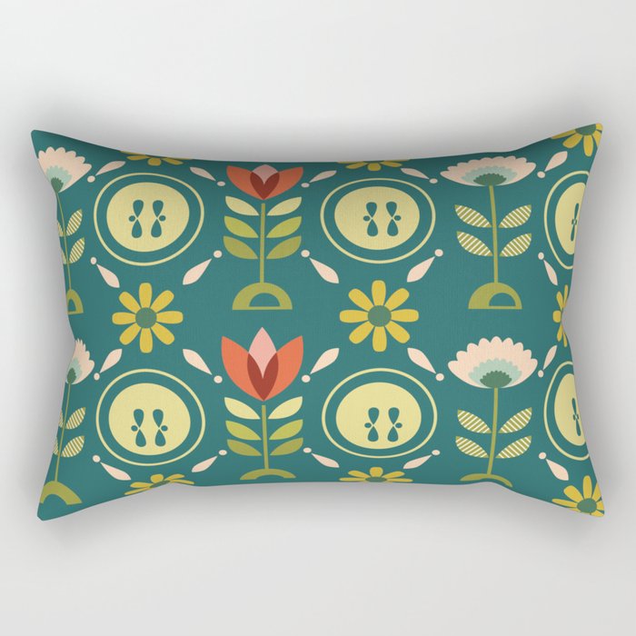 Rythmic lush Mid century retro pattern with scandinivian folk flowers Rectangular Pillow
