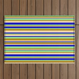 [ Thumbnail: Light Green, Dark Goldenrod, Beige, and Blue Colored Stripes/Lines Pattern Outdoor Rug ]