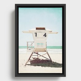 Lifeguard Stand, Beach Photography, San Diego California, Blue Aqua Seashore Ocean Summer Art Framed Canvas