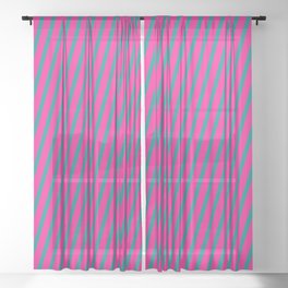 [ Thumbnail: Deep Pink and Dark Cyan Colored Lined/Striped Pattern Sheer Curtain ]