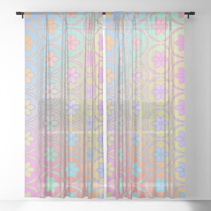 Abstract Ombre Pastel Rainbow Daisies Sheer Curtain