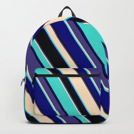 [ Thumbnail: Eye-catching Dark Slate Blue, Bisque, Turquoise, Blue, and Black Colored Lined/Striped Pattern Backpack ]