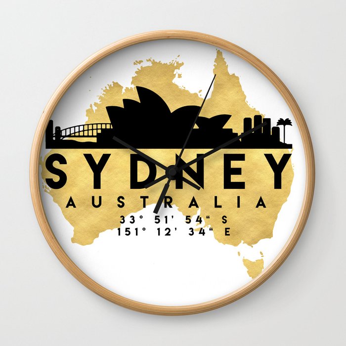 SYDNEY AUSTRALIA SILHOUETTE SKYLINE MAP ART Wall Clock