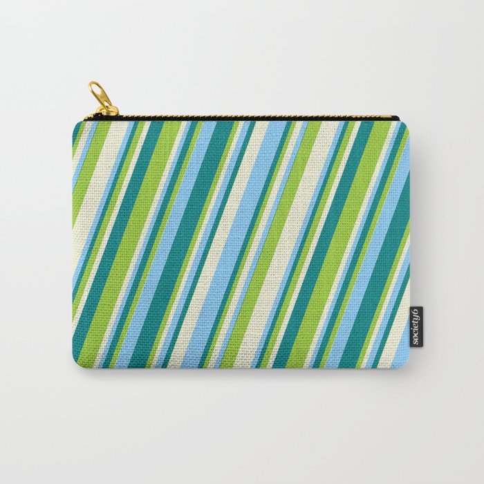 Teal, Green, Beige & Light Sky Blue Colored Stripes/Lines Pattern Carry-All Pouch
