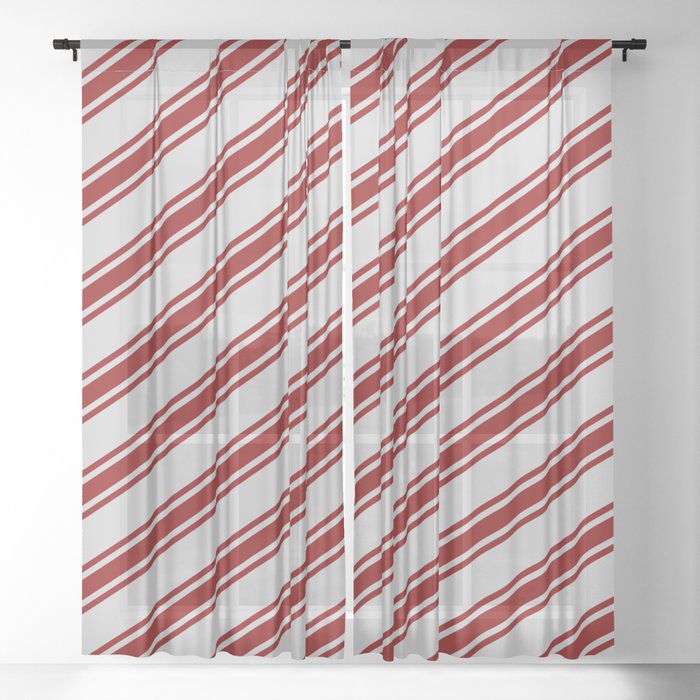 Light Grey and Dark Red Colored Striped Pattern Sheer Curtain