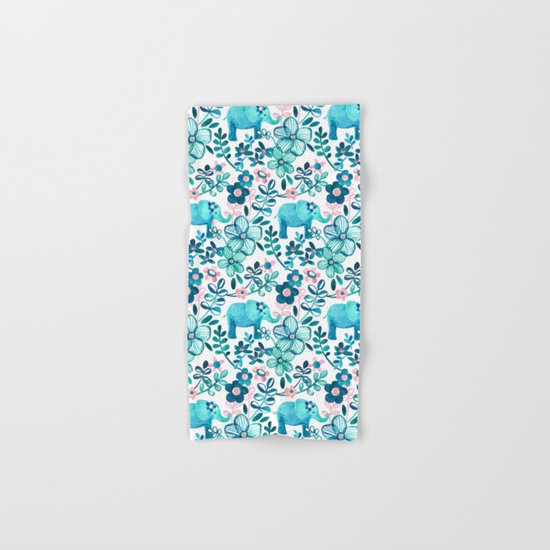 Dusty Pink, White and Teal Elephant and Floral Watercolor Pattern Hand & Bath Towel