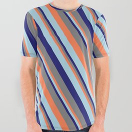 [ Thumbnail: Coral, Light Blue, Midnight Blue & Gray Colored Lines Pattern All Over Graphic Tee ]