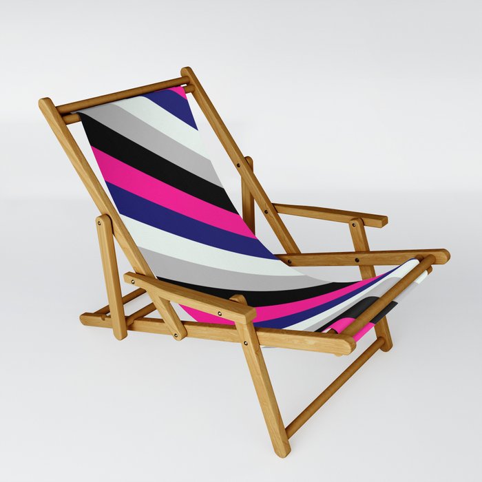 Deep Pink, Midnight Blue, Mint Cream, Grey & Black Colored Lines/Stripes Pattern Sling Chair