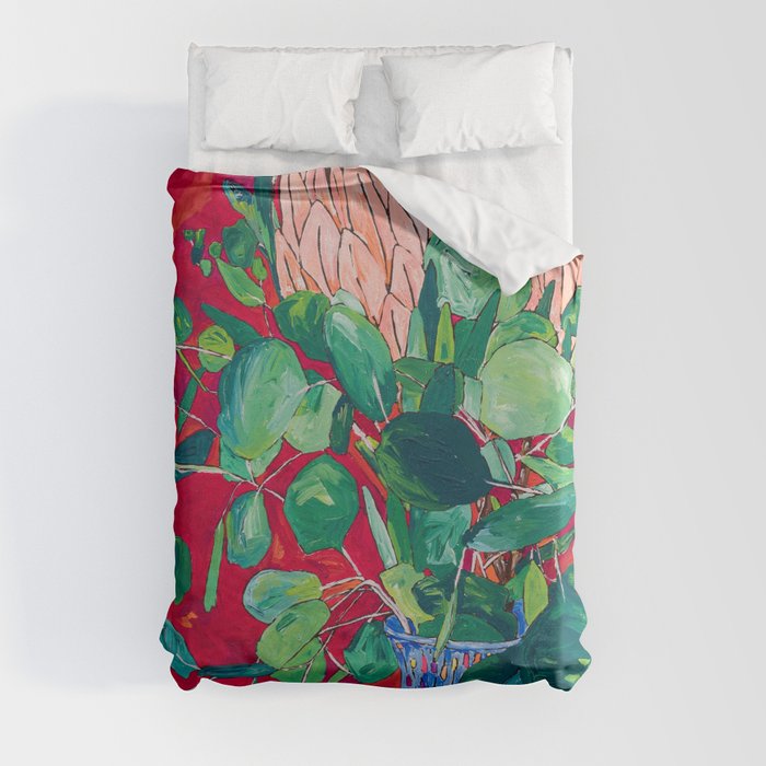 Two Proteas on Red, Pink, and Purple Floral Still Life with Fynbos Duvet Cover