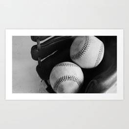 Old baseball equipment in black and white Art Print