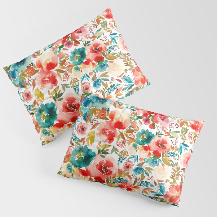 Red Turquoise Teal Floral Watercolor Pillow Sham