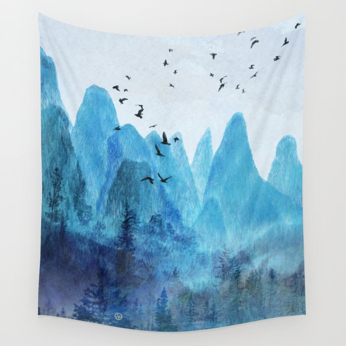 Turquoise Blue Mountainscape w Pine Forests Wall Tapestry