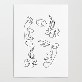 Two Faces Woman Twins Line art and Floral Line art Poster