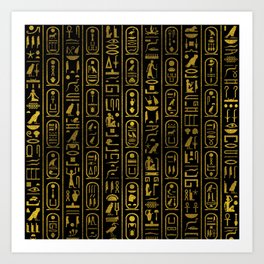 Egyptian Ancient Gold hieroglyphs on black Art Print