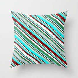 [ Thumbnail: Eyecatching Sea Green, Light Grey, Cyan, Dark Red, and White Colored Lines Pattern Throw Pillow ]