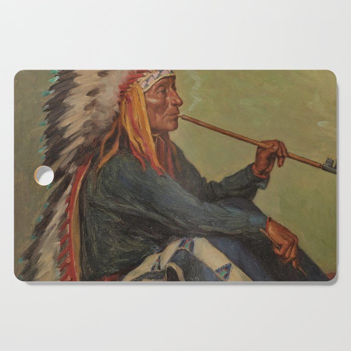 Chief Flat Iron smoking peace pipe Sioux First Nations American Indian portrait painting by Joseph Henry Sharp Cutting Board