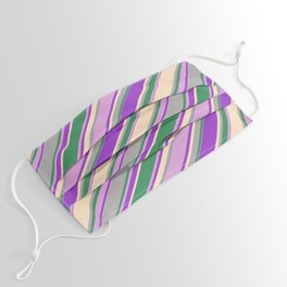 [ Thumbnail: Colorful Dark Orchid, Bisque, Dark Gray, Sea Green & Plum Colored Lines Pattern Face Mask ]