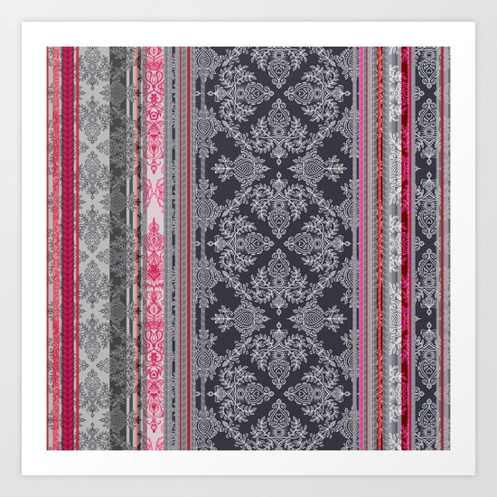 Burgundy, Pink, Navy & Grey Vintage Bohemian Wallpaper Art Print