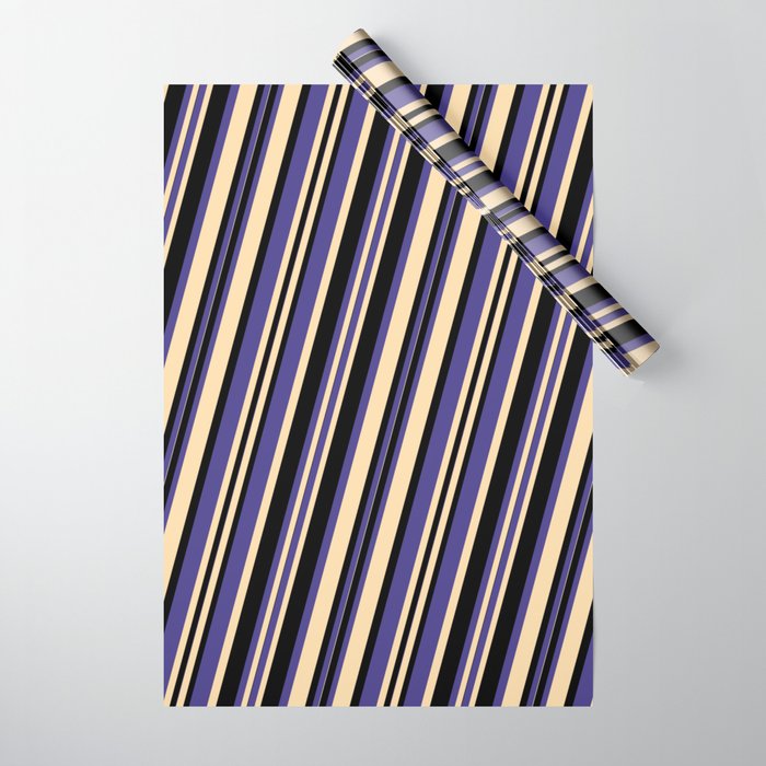 Dark Slate Blue, Tan & Black Colored Pattern of Stripes Wrapping Paper