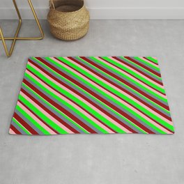 [ Thumbnail: Slate Gray, Dark Red, Light Pink, and Lime Colored Stripes/Lines Pattern Rug ]