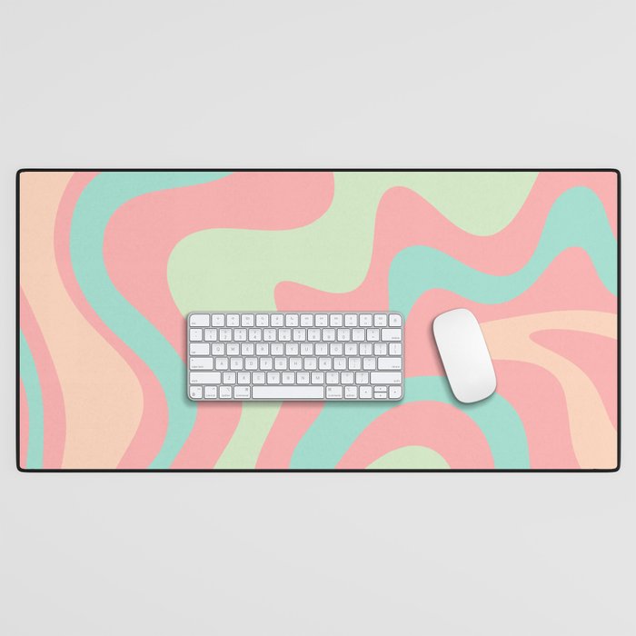 Retro Liquid Swirl Abstract Pattern in Pastel Sherbet Blush Pink and Mint Desk Mat