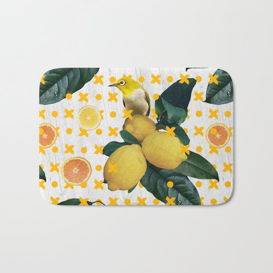 Bird & lemons yellow pattern Bath Mat