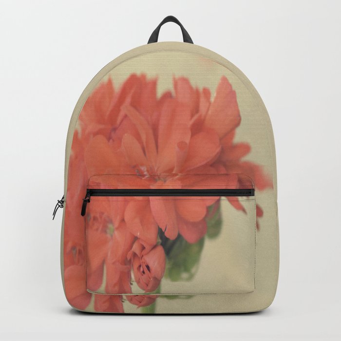 Vintage botanical pelargonium coral pink flower Backpack by | Society6