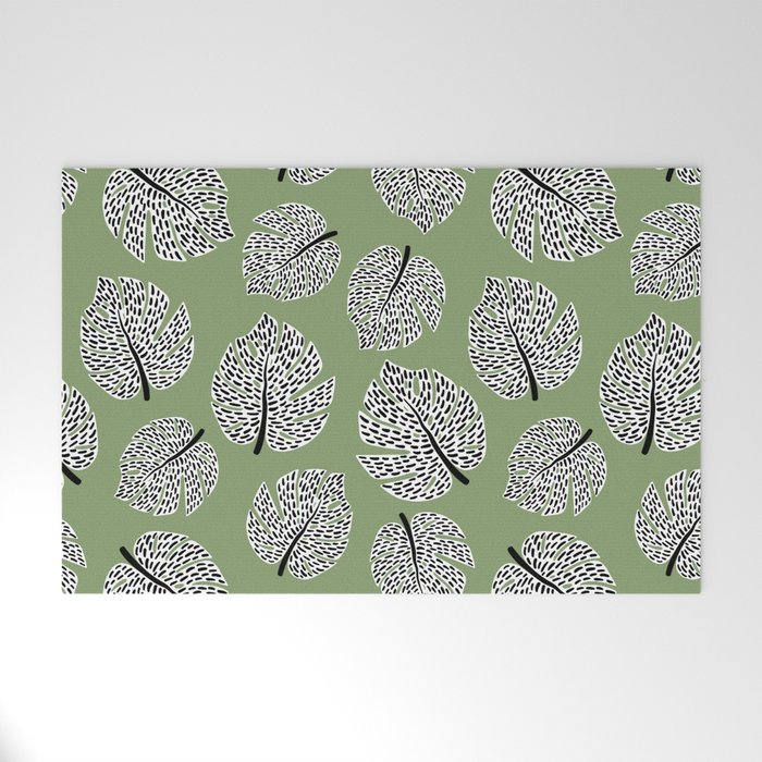 Abstract Monstera Leaf Pattern green Welcome Mat