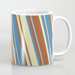 [ Thumbnail: Blue, Pale Goldenrod, and Sienna Colored Stripes/Lines Pattern Coffee Mug ]
