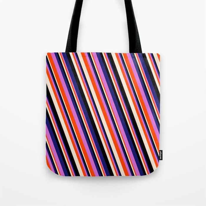 Vibrant Midnight Blue, Orchid, Red, Beige & Black Colored Striped/Lined Pattern Tote Bag