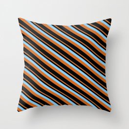 [ Thumbnail: Light Sky Blue, Chocolate & Black Colored Lines/Stripes Pattern Throw Pillow ]